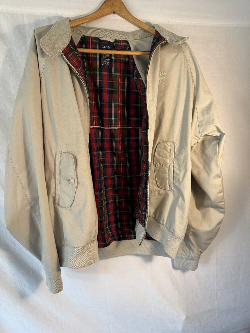 IZOD Mens Large Tan Harrington Jacket Plaid Lined Full Zip Classic G9 Bomber